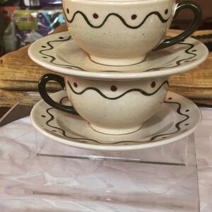Mid Century Modern Cream and Green Ceramic Teacup Set